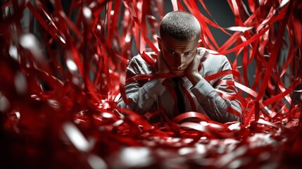 Businessman struggling with red tape