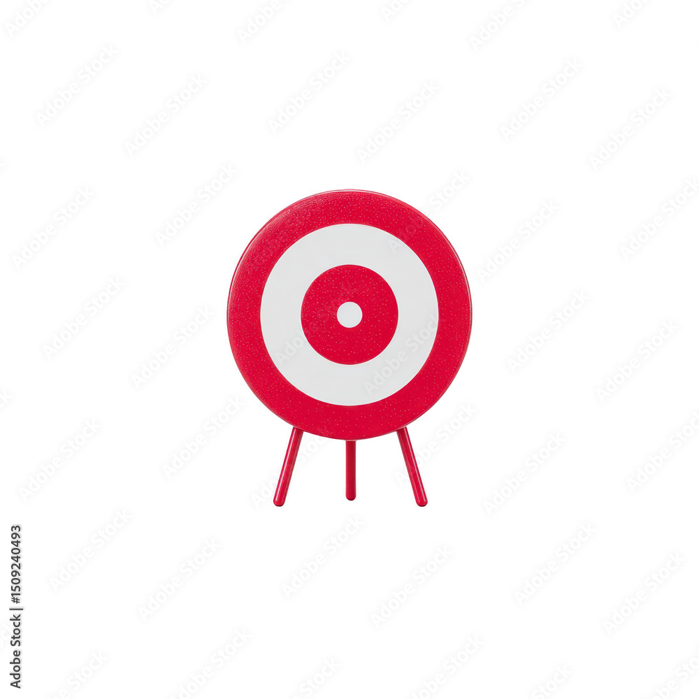 Aufkleber red and white target symbol with concentric circles stands on tripod, isolated on transparency backg