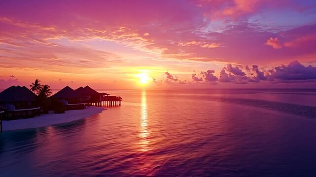 Tropical island resort sunset over calm ocean
