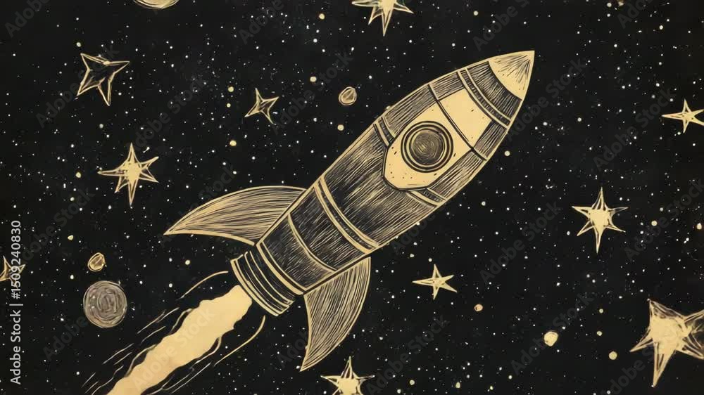 Poster a rocket soars through the cosmos, with stars and planets visible in the background