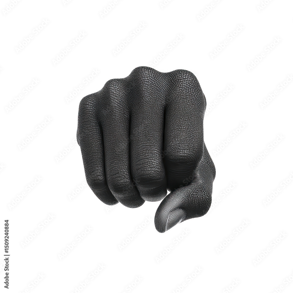 Poster digitally rendered black and white image of hand pointing forward, with textured surface. hand appea