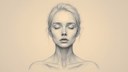 A detailed drawing of a person inhaling deeply, eyes closed, capturing serene relief and gentle facial muscle relaxation.