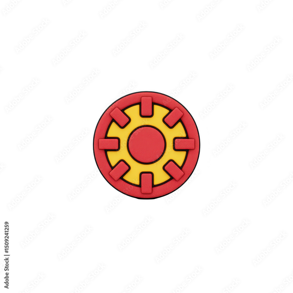 Poster round, colorful emblem with red outer ring and yellow center, featuring symmetrical design. bold col