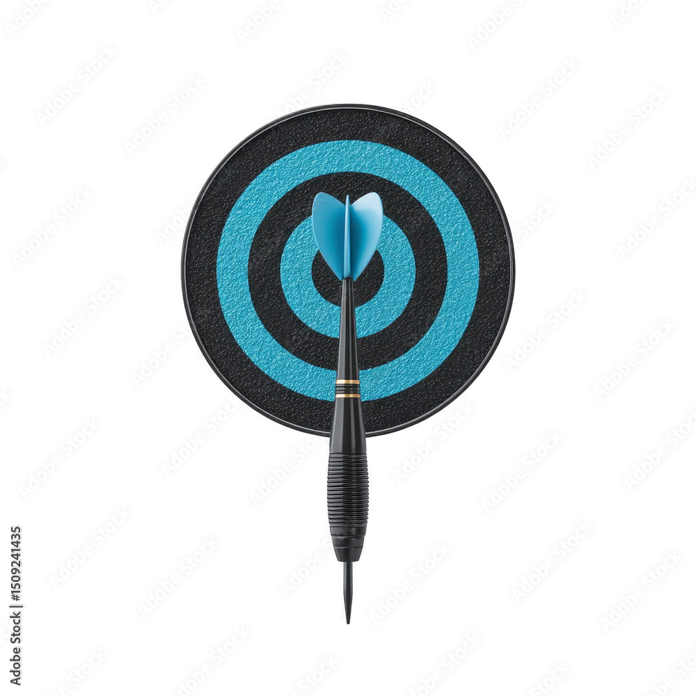 Poster blue dart is perfectly hitting center of black and blue dartboard, symbolizing precision and accurac