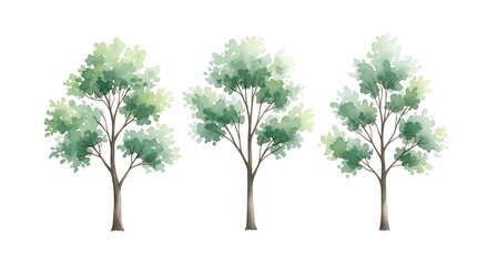 Obraz premium Three green trees in a row with lush foliage, watercolor painting style. A nature-inspired artwork showing the beauty of spring.