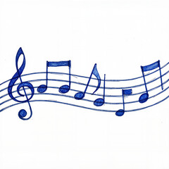 Vintage sketch of musical instruments in blue ink on a white background, music notes representation