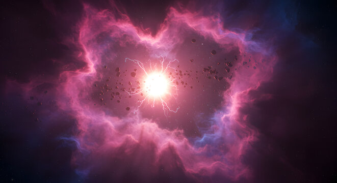 A solitary neutron star glowing intensely in deep space, surrounded by swirling cosmic debris and colorful gas clouds from a supernova explosion. Stunning astronomy concept
