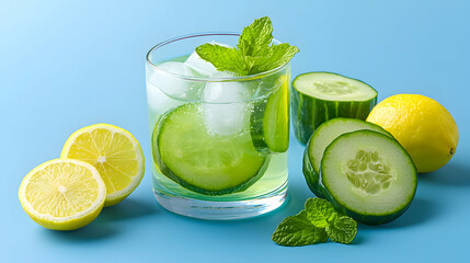 Refreshing Cucumber and Lemon Drink with Mint on Blue Background