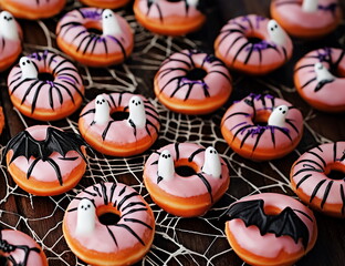 Assorted Halloween themed pink donuts decorated with ghosts, bats, and spiderweb icing, set on a dark wooden surface with a white web icing backdrop. Festive, spooky, and deliciously fun.