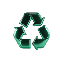 Obraz premium Shiny green 3D recycling symbol with three arrows forming triangle, representing sustainability and environmental conservation. metallic finish adds modern touch