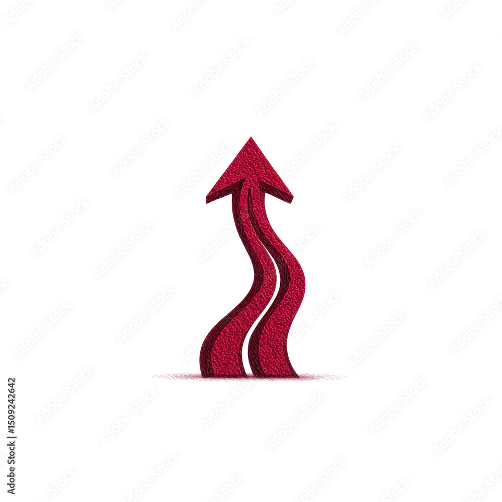 Poster red, textured arrow with wavy design points upward, symbolizing growth or progress. arrow unique sha