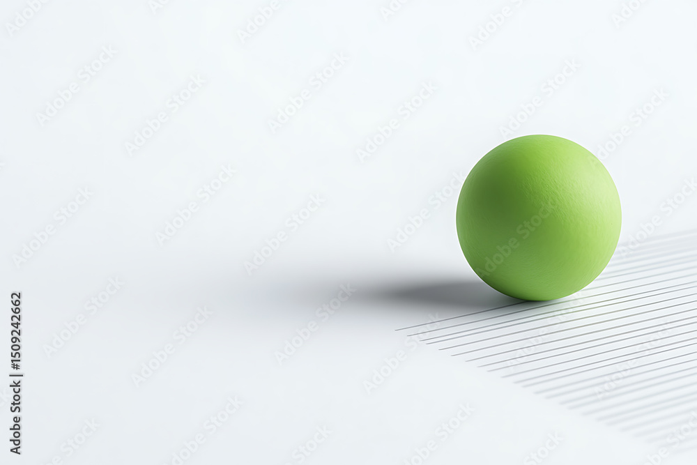 Poster green sphere sitting atop a surface with abstract lines. the sphere is well-lit, casting a soft shad