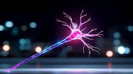 Glowing Pink And Purple Neuron On City Background