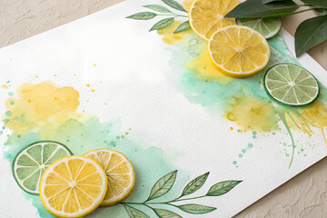 Lemon and Lime Slices on Watercolor Background