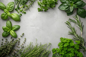 Fresh Culinary Herbs: Basil, Thyme, and Oregano Border on Grey