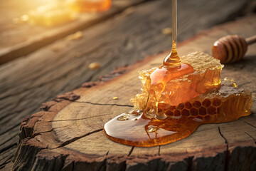 Honey Pouring Over Natural Honeycomb on Wood