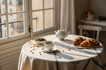 Cozy Morning Coffee and Croissants by a Sunlit Window