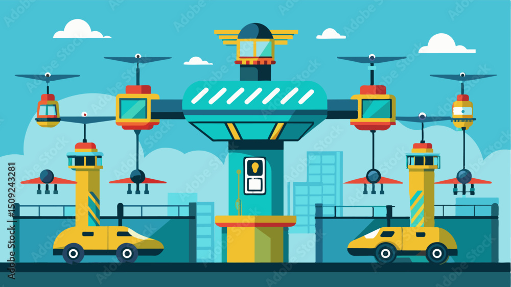 Poster a futuristic air taxi maintenance facility houses towering automated machines each with multiple arm