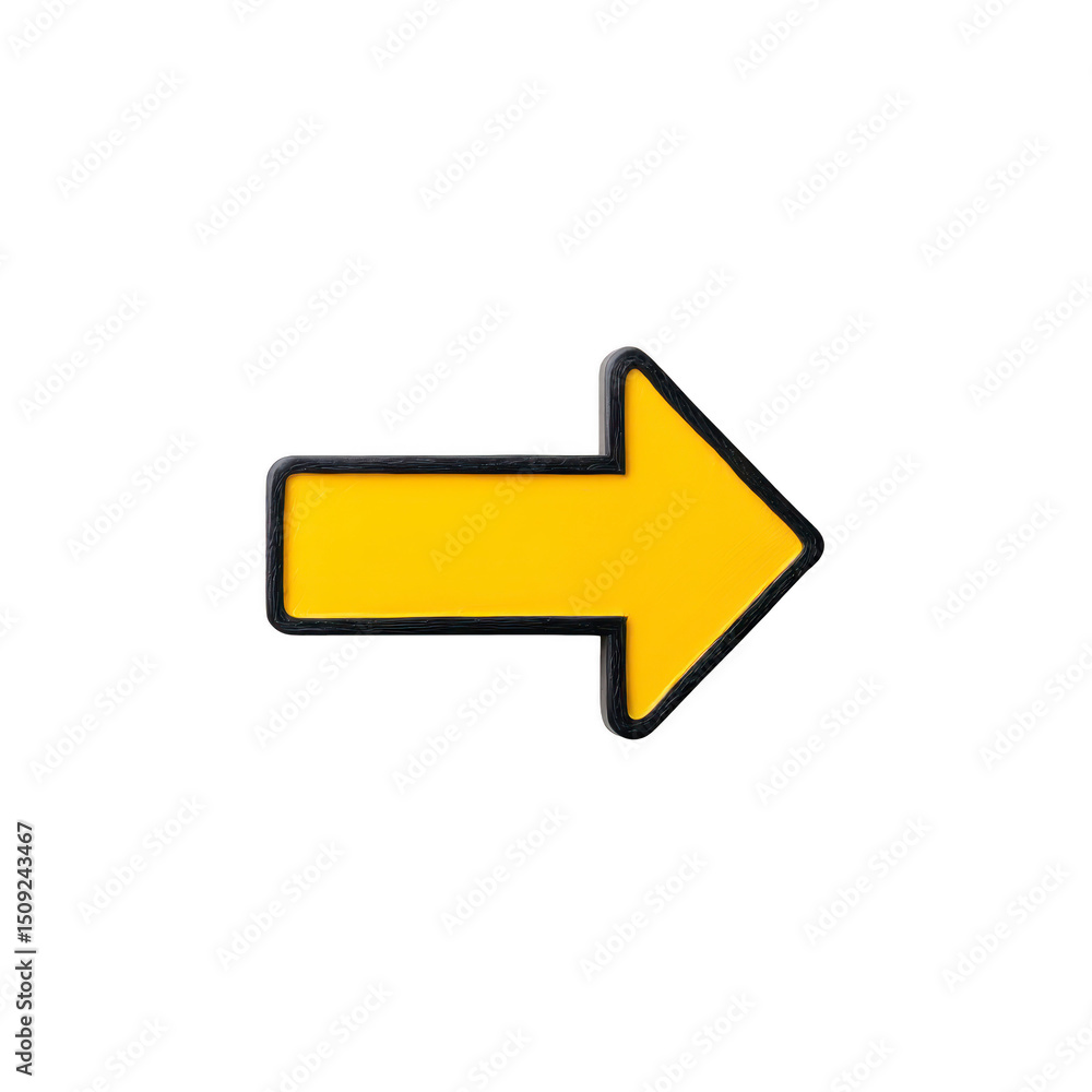 Poster bright yellow arrow pointing to right on plain transparency background, symbolizing direction and gu
