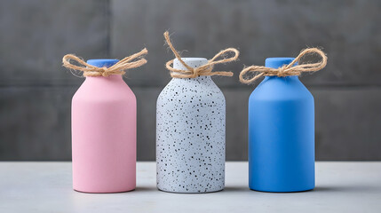 Three Decorative Bottles in Pink, Grey, and Blue