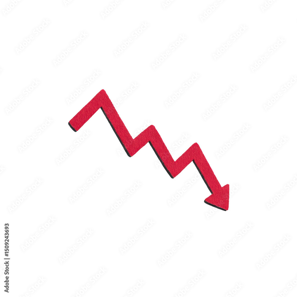 Poster red zigzag arrow pointing downward symbolizes decrease or decline, often used in financial contexts 