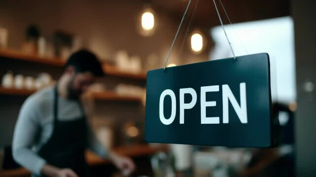 Open sign swinging in coffee shop window