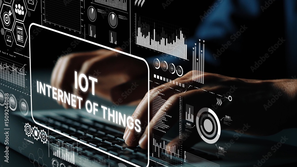 Poster hands typing on keyboard surrounded by digital displays representing internet of things technology a