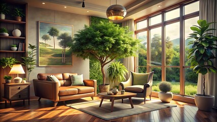 Fototapeta premium Serene Living Room Interior with Abundant Natural Light Lush Greenery Comfortable Seating and a Picturesque View of Nature Outside the Window
