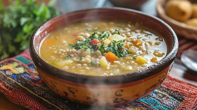 Chairo andean barley and potato soup with smoke around