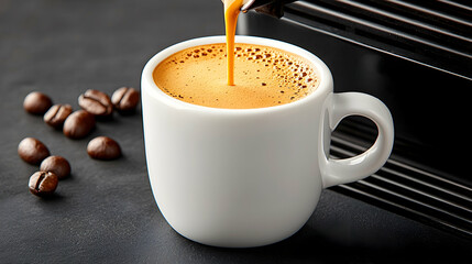 Espresso Pouring into White Cup on Dark Surface