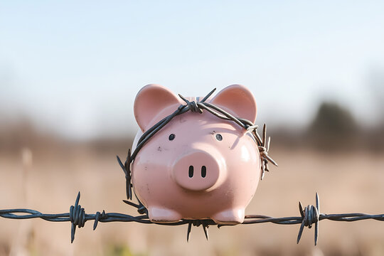 Saving under pressure: A piggy bank wrapped in barbed wire symbolizes financial constraints and the challenges of saving money. Security of finances and safety.