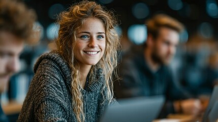 Smiling individual in a cozy sweater working on a laptop in a collaborative workspace