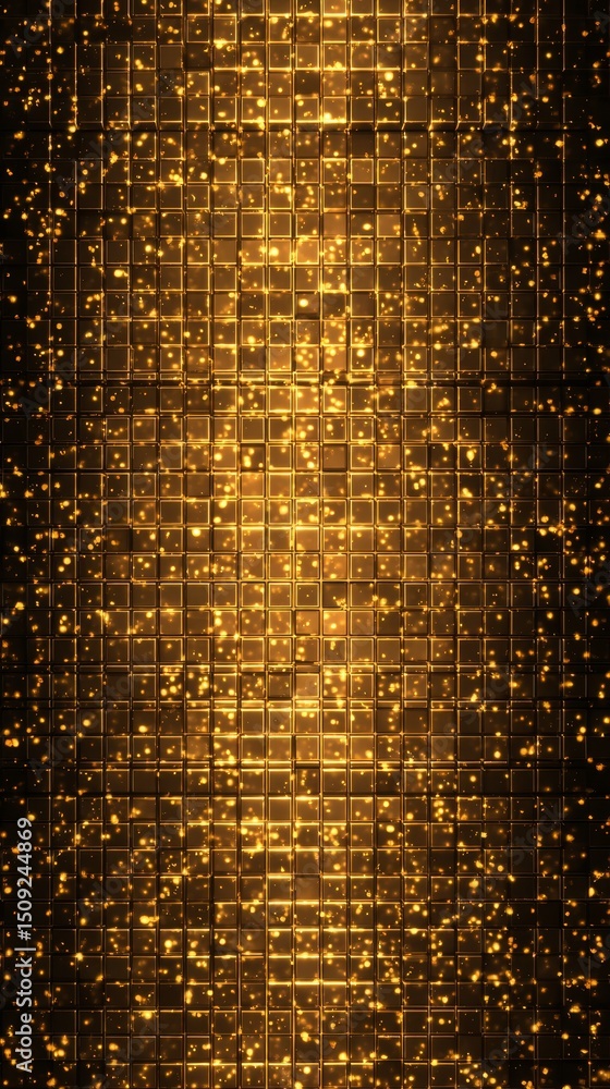 Poster golden geometric abstract background with glowing particles and intricate network design, futuristic