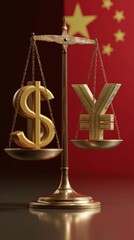 Golden scales with a balanced mix of US dollar and Chinese Yuan coins representing global finance, trade, and economic equilibrium.
