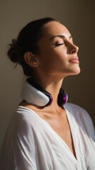 Serene Woman in Natural Light - Portrait of Peaceful Female Enjoying Quiet Moment of Reflection and Calmness.