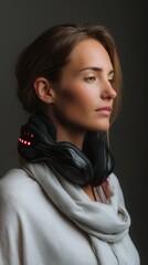 Young woman wearing futuristic neck device, technology, innovation, healthcare, wellness, medical, science, and future concept portrait.