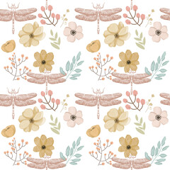 Seamless floral pattern with dragonflies 