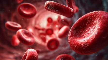Detailed Microscopic View of Red Blood Cells Flowing Through a Blood Vessel, Science and Medicine Imagery