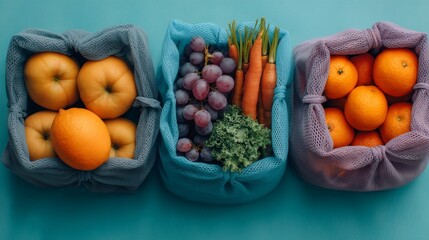 Vibrant Citrus Fruits in Mesh Bags on Blue Background - Fresh Produce and Healthy Eating Concept