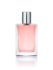 Elegant perfume bottle with pink fragrance isolated on white background