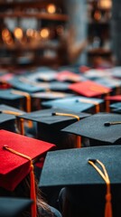 Rows of Graduation Caps and Gowns on Chairs, Ready for Ceremony, High School or University Commencement Event.