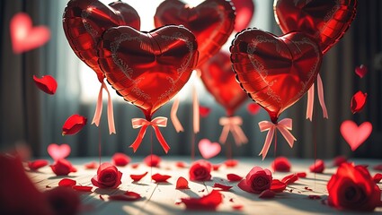 Romantic setting with heart balloons and rose petals for a special occasion