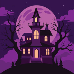 Spooky illustration of a haunted house with a full moon and bare trees at night
