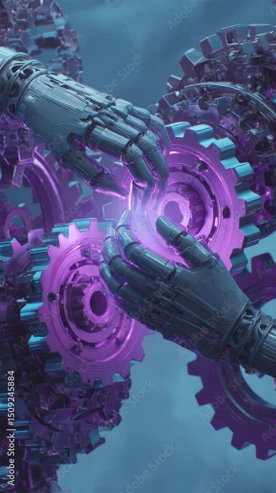Poster cyberpunk robotic hand gripping data stream, futuristic interface, digital technology, glowing netwo