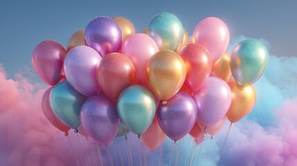 Floating metallic balloons with neon glow and smoke effect, NYE party backdrop, ultra-detailed