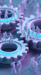 Miniature Figures Walking Across Gears: Teamwork, Collaboration, and Progress Concept Illustration for Business and Technology.