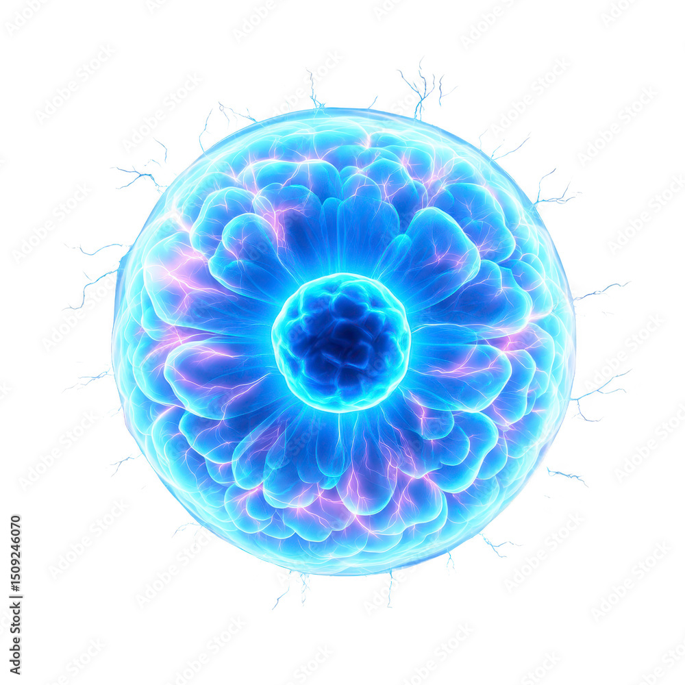 Poster glowing, electric blue plasma ball with intricate patterns and vibrant energy arcs radiating from it