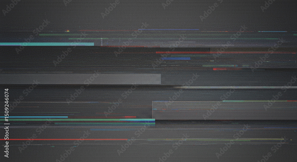 Poster a digital glitch art background featuring horizontal lines and distorted color streaks on a gray sur
