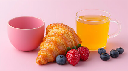 Buttery Croissant with Berries and Orange Tea on Pink Background