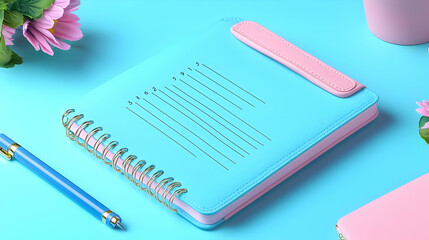Light Blue Spiral Notebook with Pink Accents on a Blue Desk